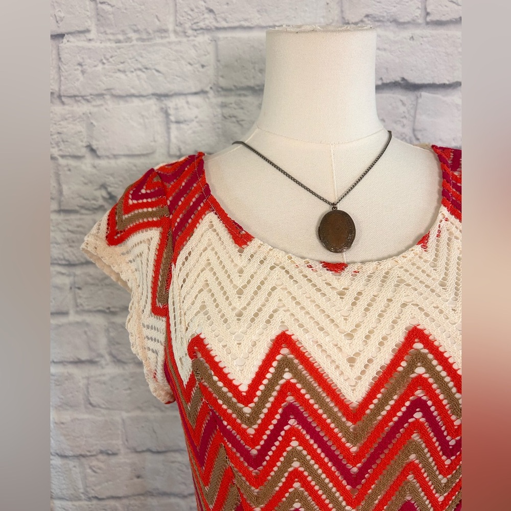 Sharagano Crochet Midi Dress Chevron Red Cream Italy Coastal Travel Vacay Boho - Picture 5 of 15